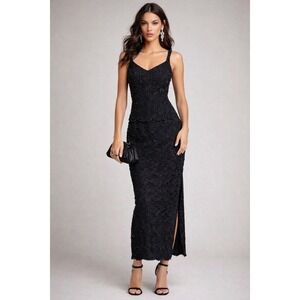 Y2K Beaded Crochet Dress Womens S Black Vintage Gothic Cocktail Evening Party